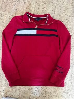 Vintage Tommy Hilfiger Red Quarter Zip Sweater Spellout Sleeve Flag Logo Y2K